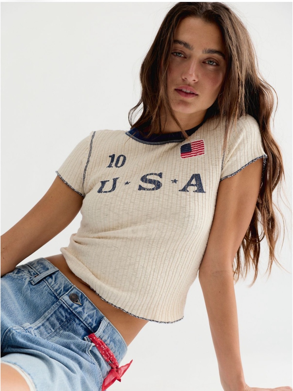 Free People Farrah Flag Tee USA Flag Graphic Ribbed Crop Top NWT Size Small